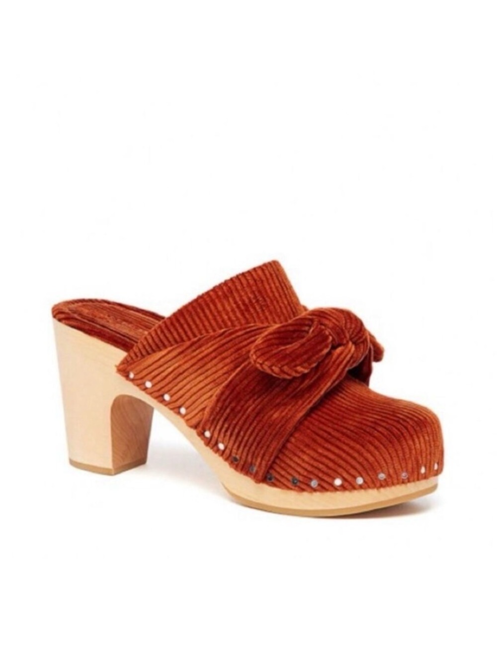 NEW Loeffler Randall Neko Rust Corduroy Stud Knot Clogs Wooden Women's Shoe 8